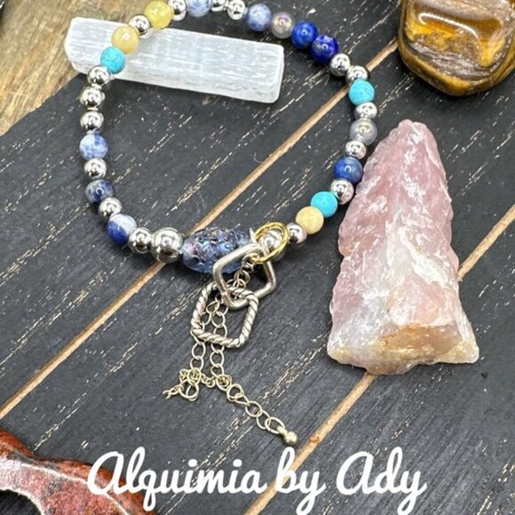 multi gemstones blue and yellow charms silver beaded bracelet colorful - Picture 1 of 1